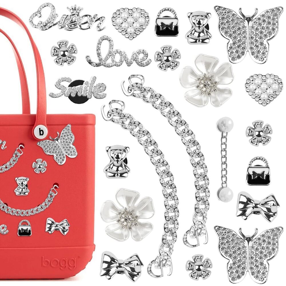 7416 22Pcs Charms for Bogg Bag, Butterfly Flower Bear Pearls and Chain